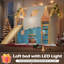 Lit mezzanine simple avec rebords et tentes, lit mezzanine en bois massif avec échelles et glissade, design chic avec lumières, pas de sommier tapissier, naturel + bleu