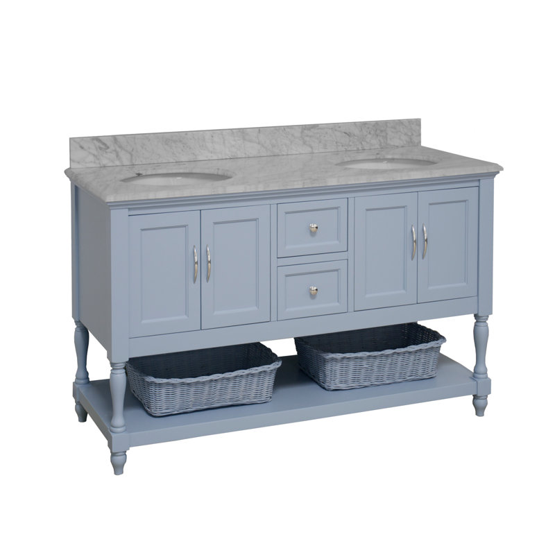 Hampton 60'' Double Bathroom Vanity with Top, Carrara Marble, Powder Blue