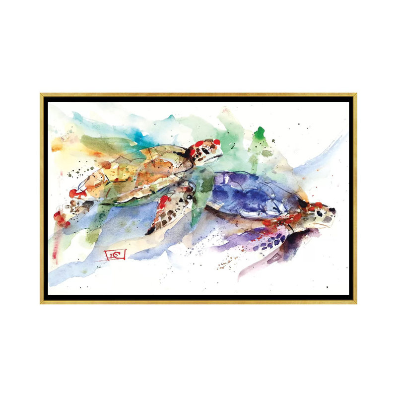 «Sea Turtles» par Dean Crouser - reproduction d'art, Pas de tapis, H 18 po x l 26 po x P 1,5 po, Toile encadrée d'or