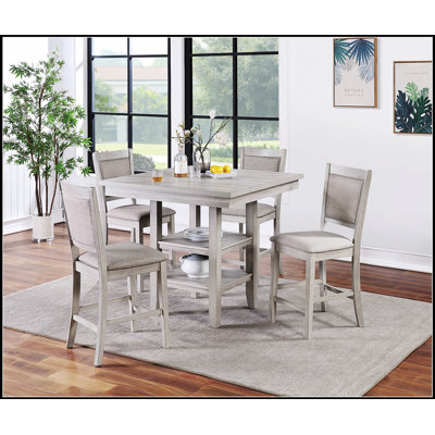 Dining Room Furniture Counter Height 5Pc Set With Square Table, Shelves, And Cushion Chairs For Modern Comfort And Style