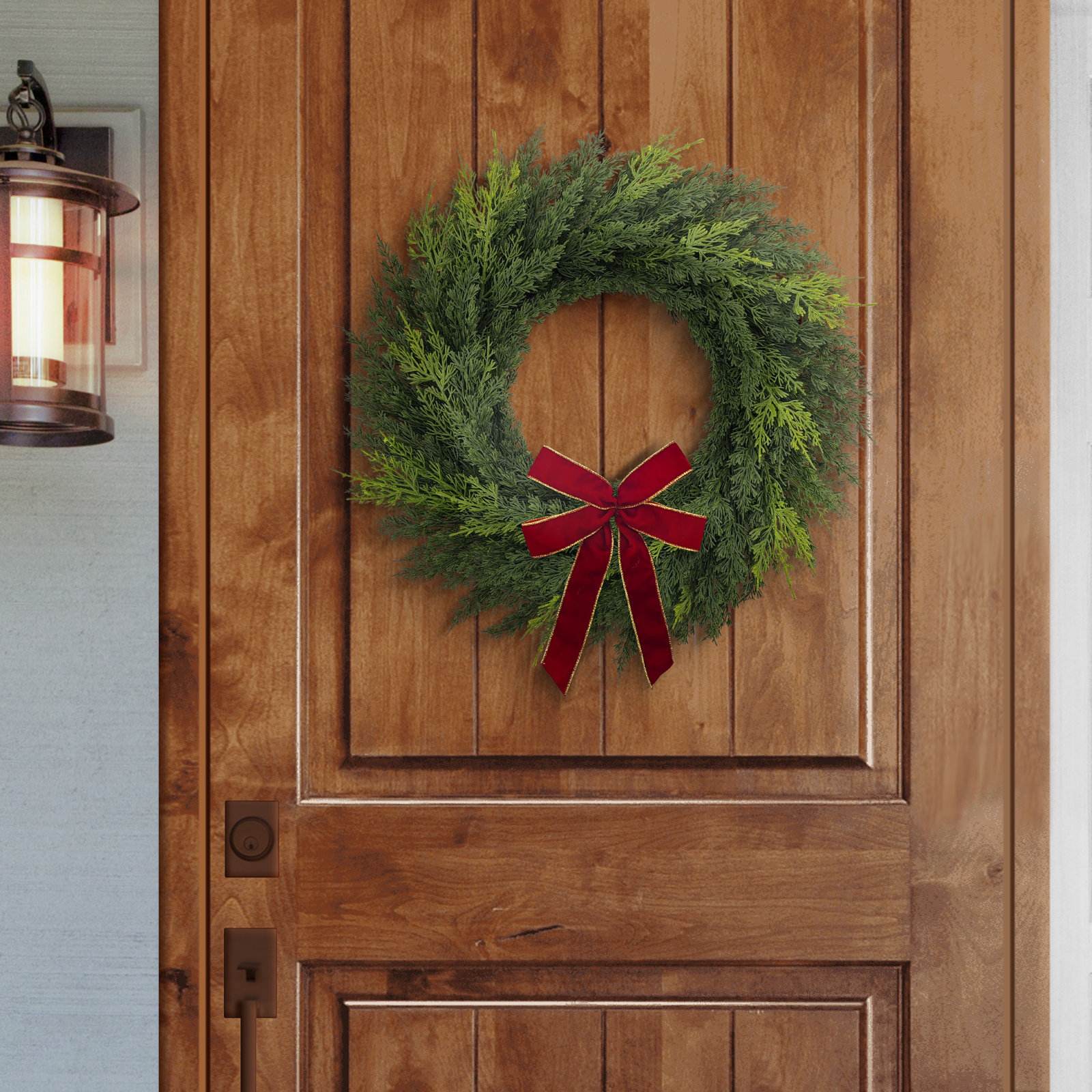 22 Inch Artificial PE Cypress Christmas Wreath with Bow