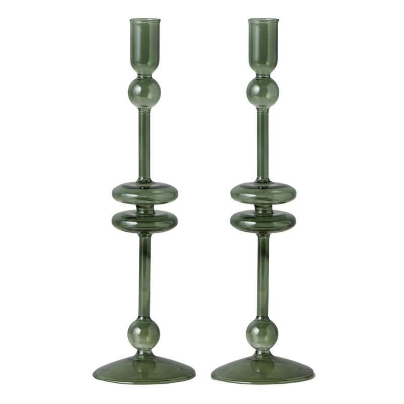 Glass Candlestick, 12" H x 4" W x 4" D, Emerald Green