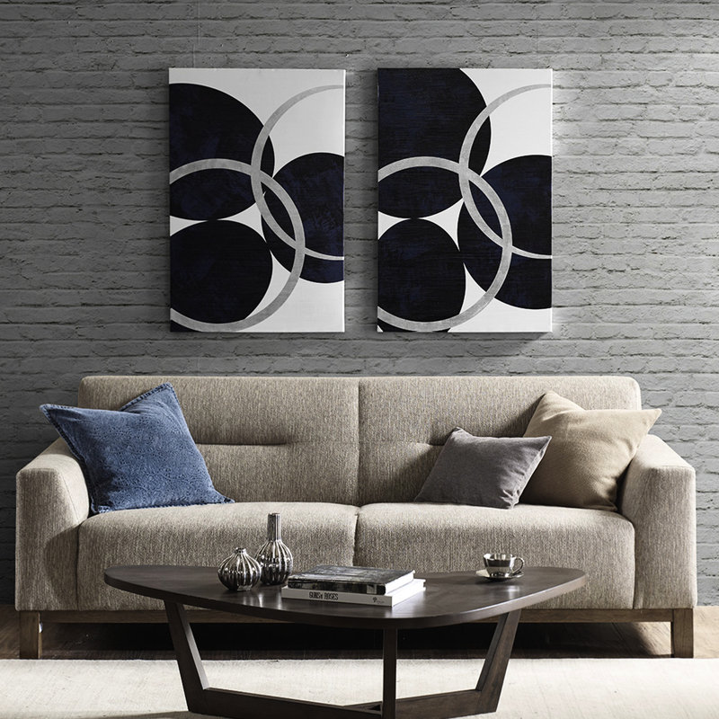 Art mural abstrait abstrait avec cercle bleu marine - accents argentés 24 po x 36 po 2, cercle d'intérieur moderne pour la maison, l 24 po x H 36 po