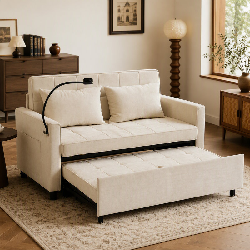 Canapé-lit escamotable avec coussin de dossier réversible pour une assise confortable et un sommeil confortable, Beige
