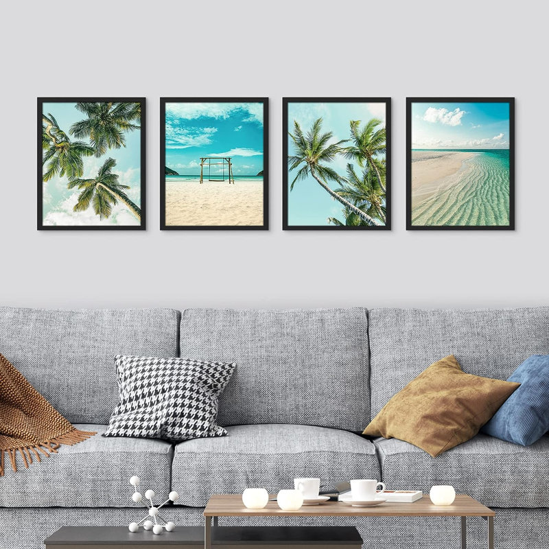 «Topical Teal Sky Palm Tree Beach Ocean Seaside», reproduction encadrée de 4 pièces, H 14 po x l 11 po x P 1 po, Cadre blanc
