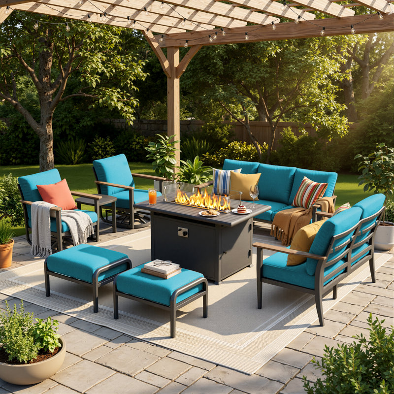 Ensemble de conversation pour l'extérieur en aluminium pour 9 personnes avec table de foyer au propane, chaises berçantes pivotantes, accoudoirs d'aspect bois et coussins épais de 5,12 po