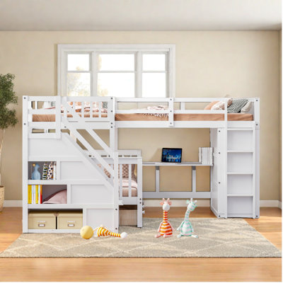 6 Drawers Twin Over Twin Over Full L-shaped Bunk Bed With Stairs, Desk And Armoire