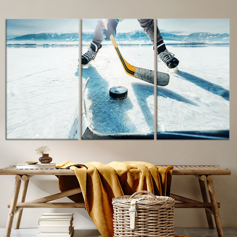 Élégante œuvre d'art sur toile imprimée: scène de jeu de hockey sur glace, toile tendue 3P, 47,2 po H x 70,9 po l