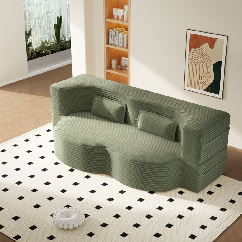 Evren Boneless Modern Minimalist Compression Convertible Floor Sofa Bed with Pillows, Corduroy Green, 30" H x 78" W x 39.8" D