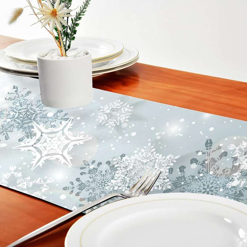 Chemin de table en flocons de neige argent double face 18 x 72 pouces de long, chemin de table en nappe pour la fête d'anniversaire de mariage, cuisine, salle à manger, décoration de tous les jours