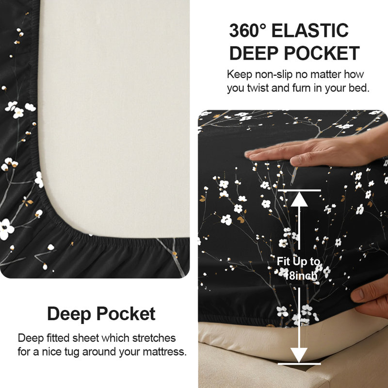 Floral Sheet Set, King Sheet Set with Fitted Sheet & 2 Pillowcases, Black