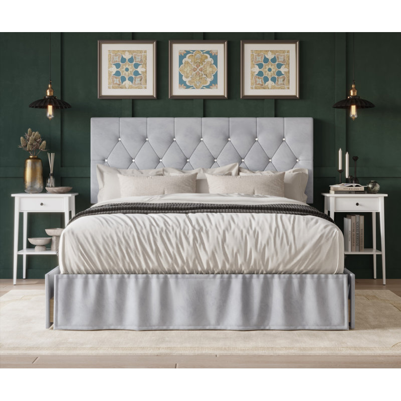 Lit à panneaux tapissier avec rangement Tandy, Gris argenté, Grand