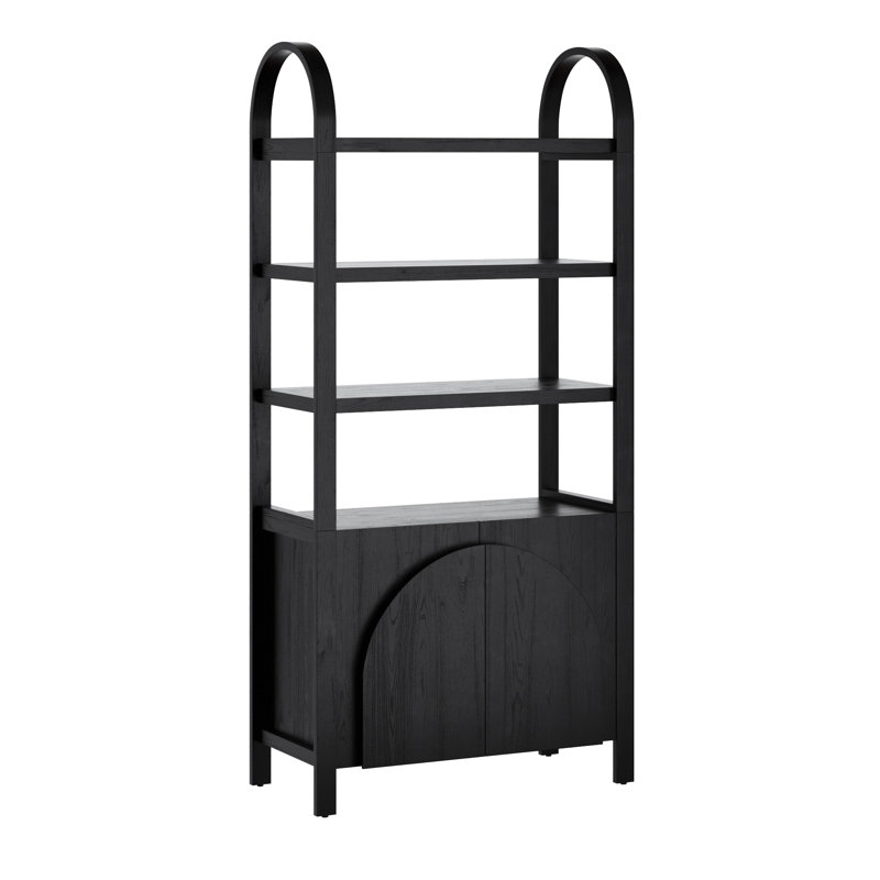 Bibliothèque à 3 niveaux avec base d'armoire et structure en bois massif, Chêne noir