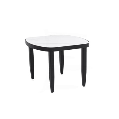 Modern Outdoor Elegance Arc Side Table With Greek White Marble-Inspired Sintered Stone Top, Aluminum Frame, Post Tapered Legs & Rounded Corners, Weatherproof & Rust-Free