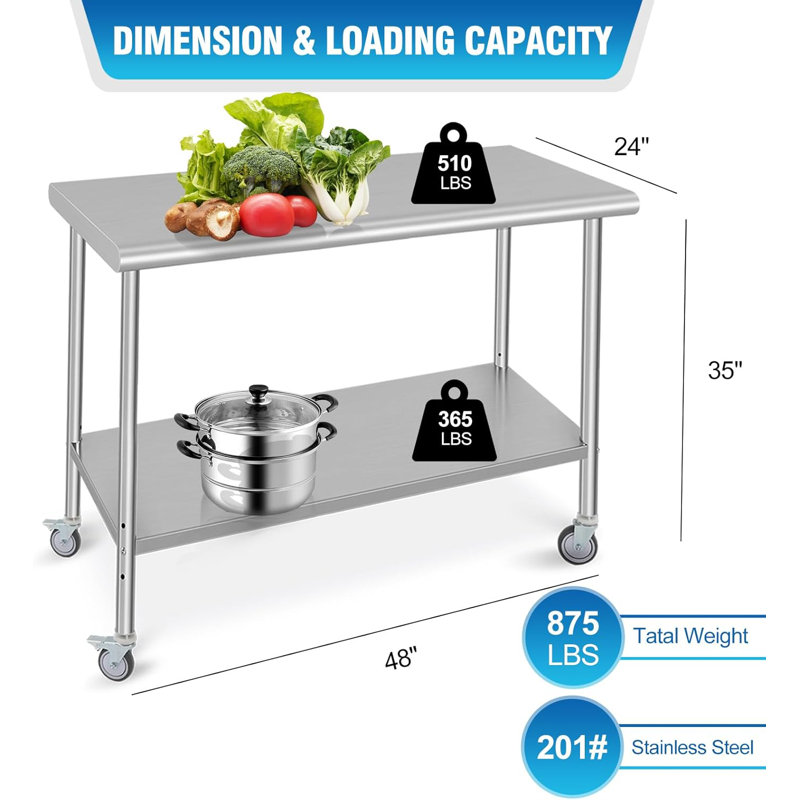 Stainless Steel Prep Table 48 x 24 Inch, NSF Heavy Duty Commercial Kitchen Table with 4 Wheels, 35" H x 48" L x 24" D