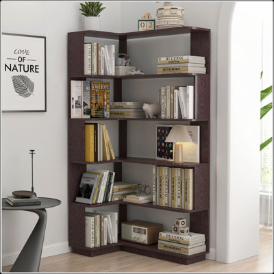 Bibliothèque de coin en L de 90 cm à 5 niveaux pour salon, chambre à coucher et bureau à domicile avec panneau anti-chute et dispositif de basculement