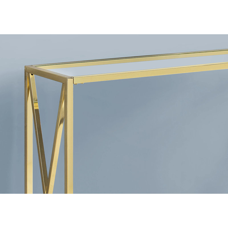 Console étroite avec plateau en verre trempé épais et transparent et métal doré poli, élément de décoration multifonctionnel pour le salon