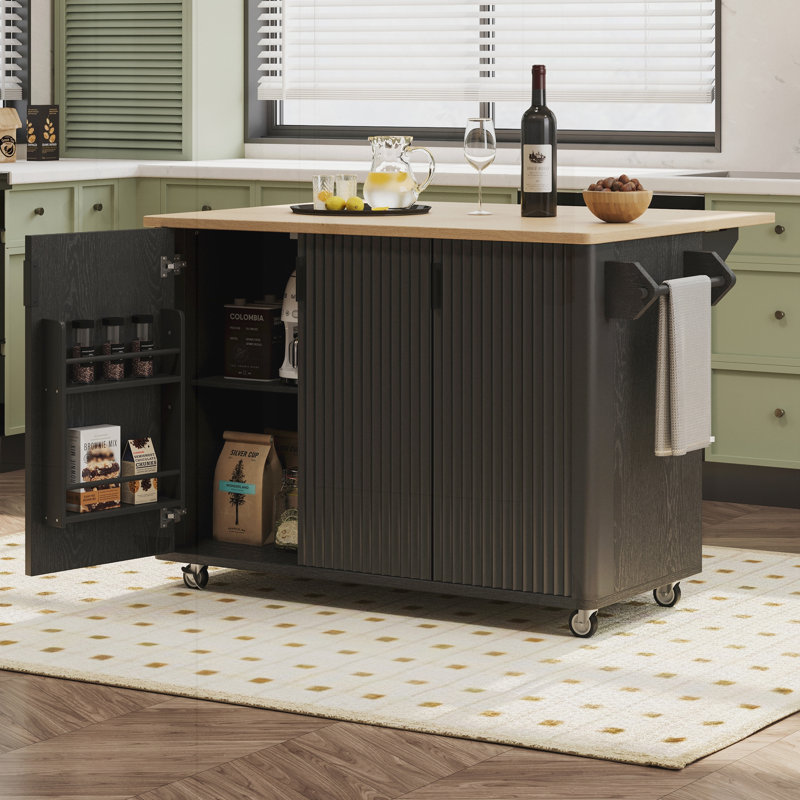K&K 51" Fluted Kitchen Island with Drop Leaf, Farmhouse Accent Kitchen Island on Wheels with Internal Storage Rack, Rolling Kitchen Cart with Towel Rack for Kitchen, Dining Room, Black Ash
