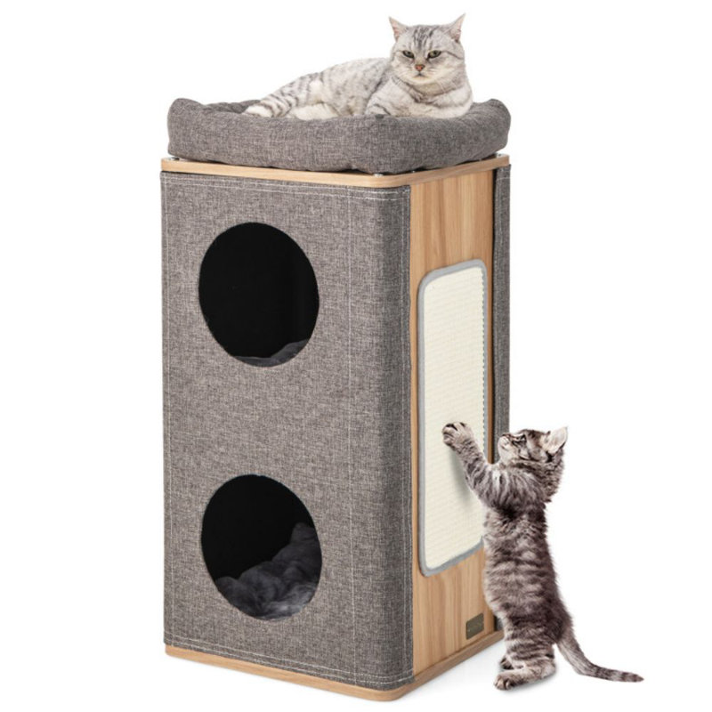Gray 3-Story Cat House with Sisal Scratching Board