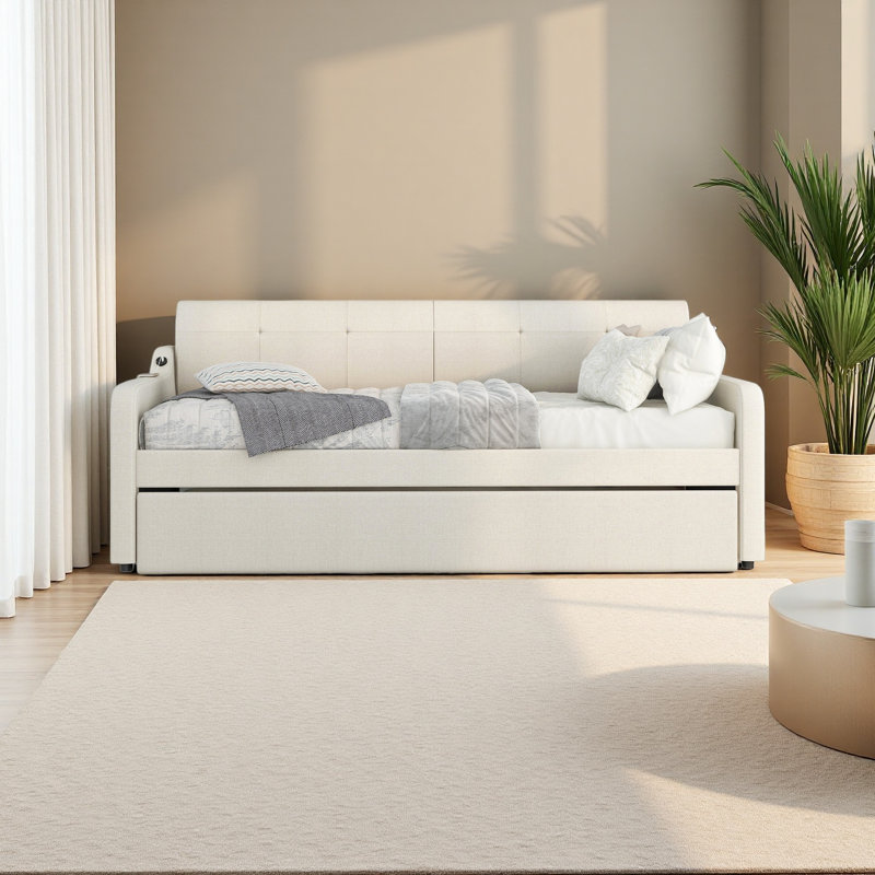 Lit de jour simple rembourré avec lit gigogne et conception de chargement USB, le lit gigogne peut être plat ou érigé, Beige