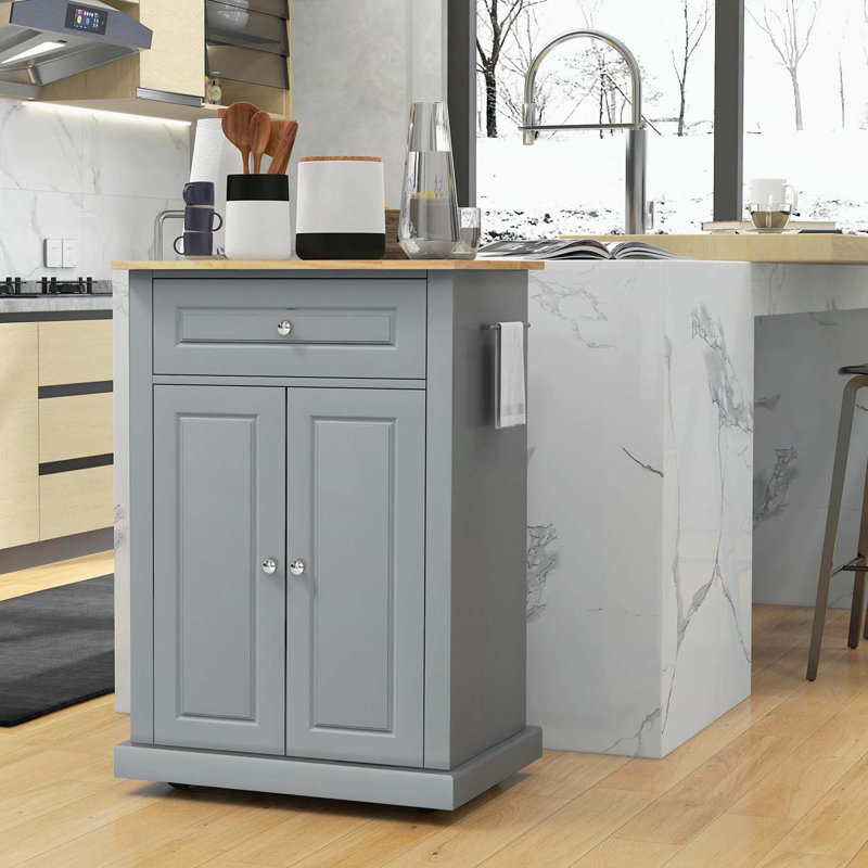 Rolling Kitchen Island Cart, Portable Serving Trolley Table with Drawer, Adjustable Shelf and 2 Towel Racks, Grey, Gray