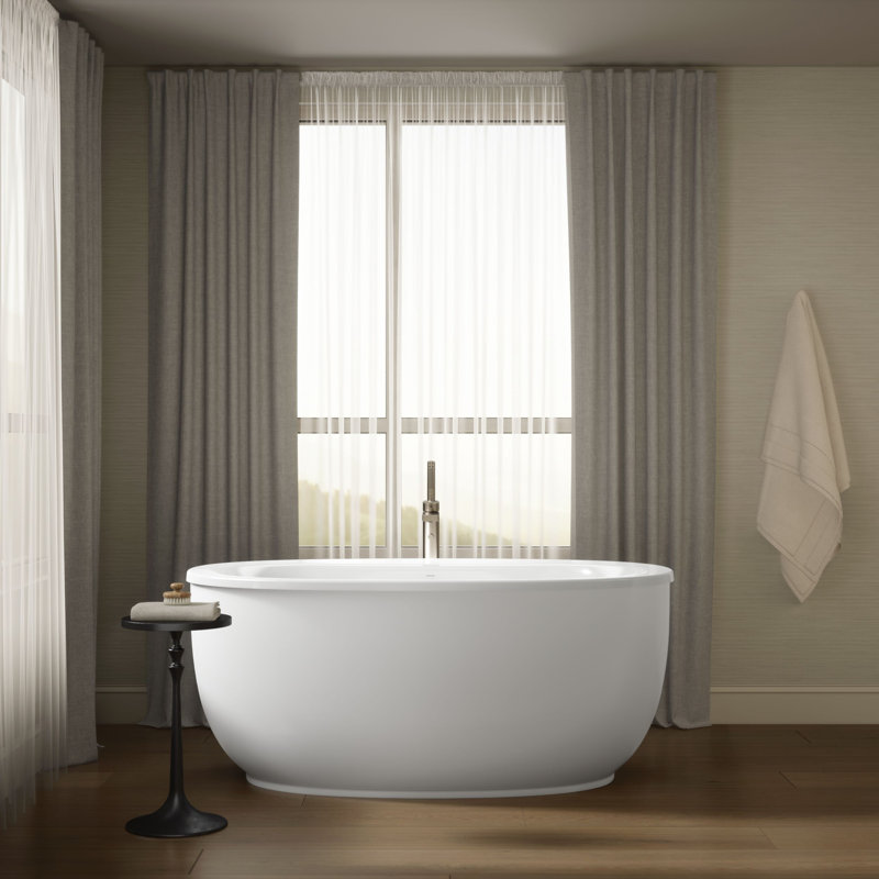 Sunstruck 60 In. x 34 In. Oval Freestanding Bath with Bask Heated Surface and Fluted Shroud, White