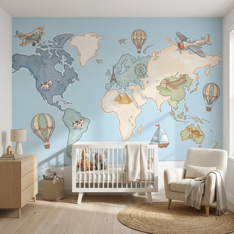Papier peint carte du monde avec montgolfière, 140" x 108", Peler et coller