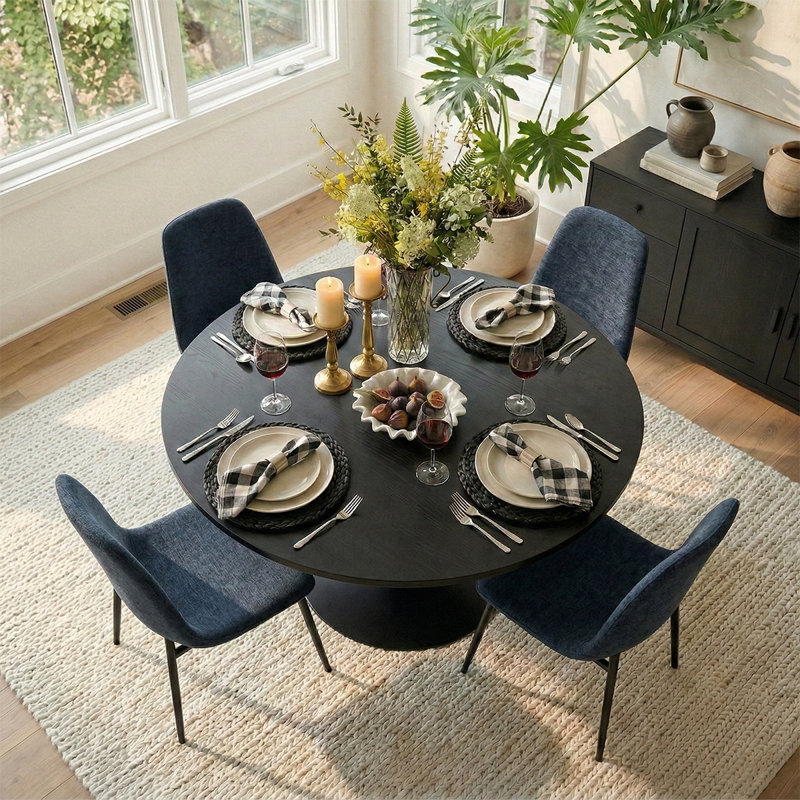 Ensemble de table de salle à manger pour 4 personnes avec table ronde et 4 chaises rembourrées en chenille, Bleu très foncé