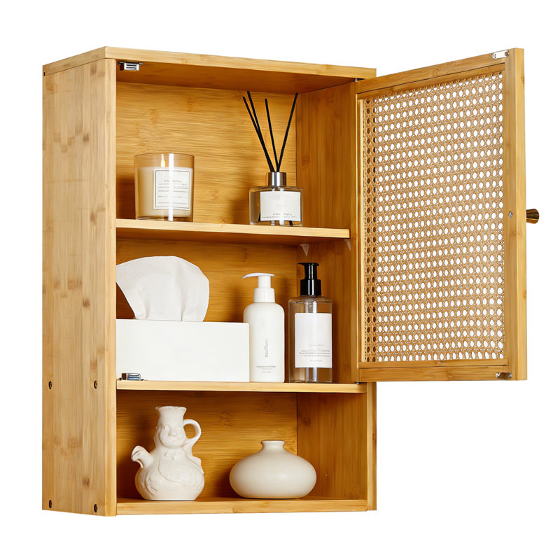 Space-Saving Bamboo Bathroom Wall Cabinet with Rattan Doors – Adjustable Shelf – Over Toilet Storage Organizer – Wall Mounted –  Upgraded