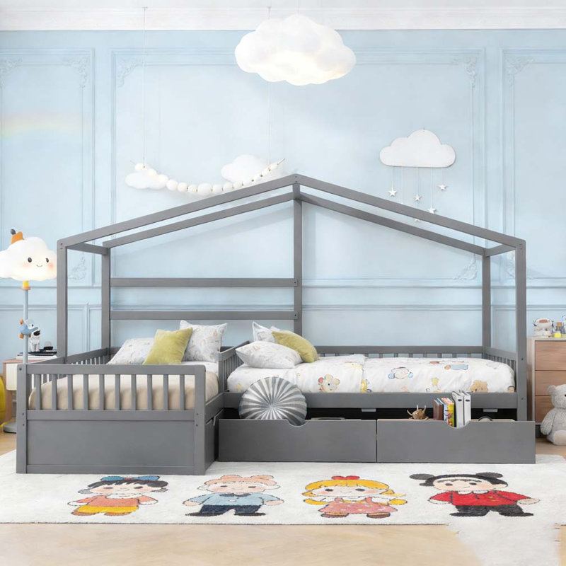 Lit plateforme simple avec trois tiroirs de rangement, Gris