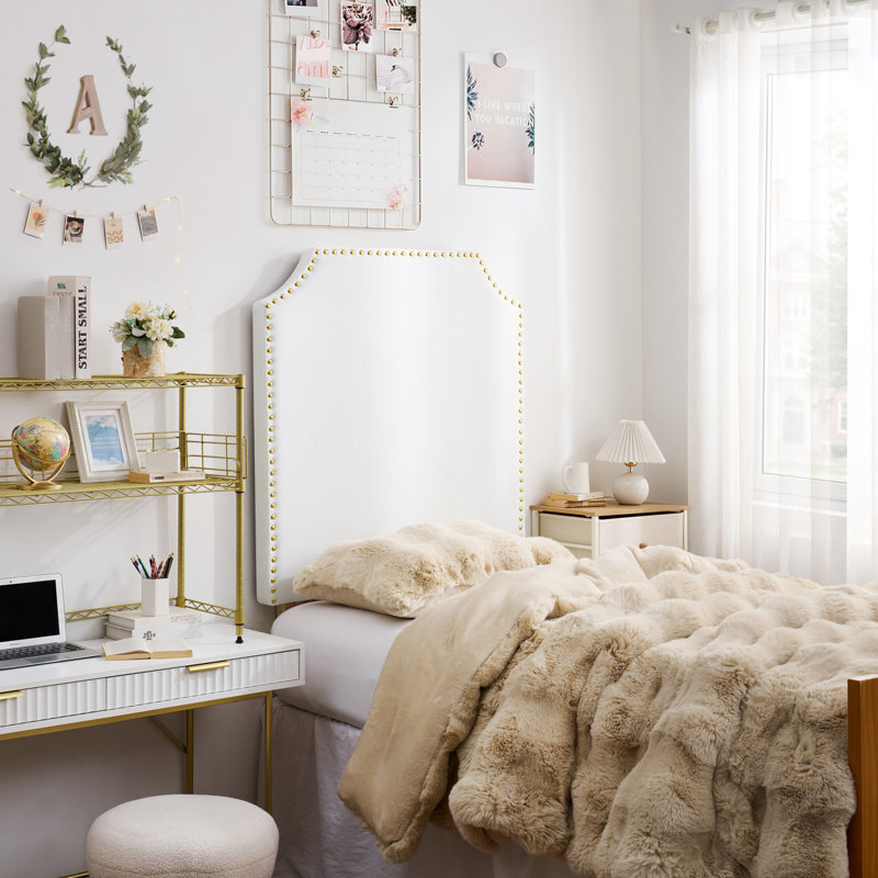 Extra Tall - Bevel Tacked Plush Outlet Headboard with Legs - White with Gold Rivets, Gold