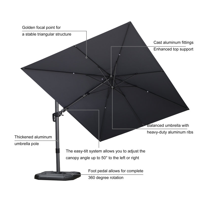Parasol en porte-à-faux gris pivotant en aluminium 96 po x 132 po avec base Rilen, Gris clair