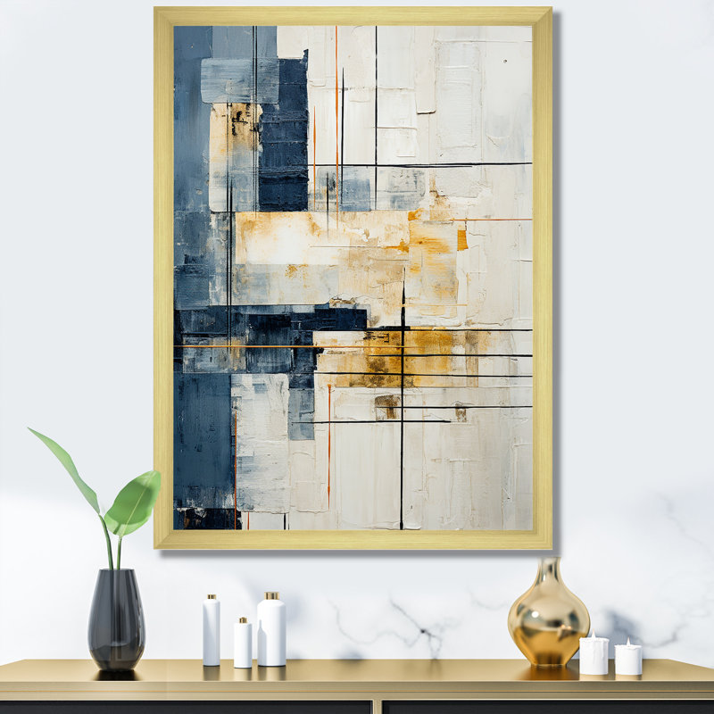 «Blue and White Timeless Minimalisme I», art mural abstrait, H 20 po x l 12 po x P 1 po, Cadre doré simple