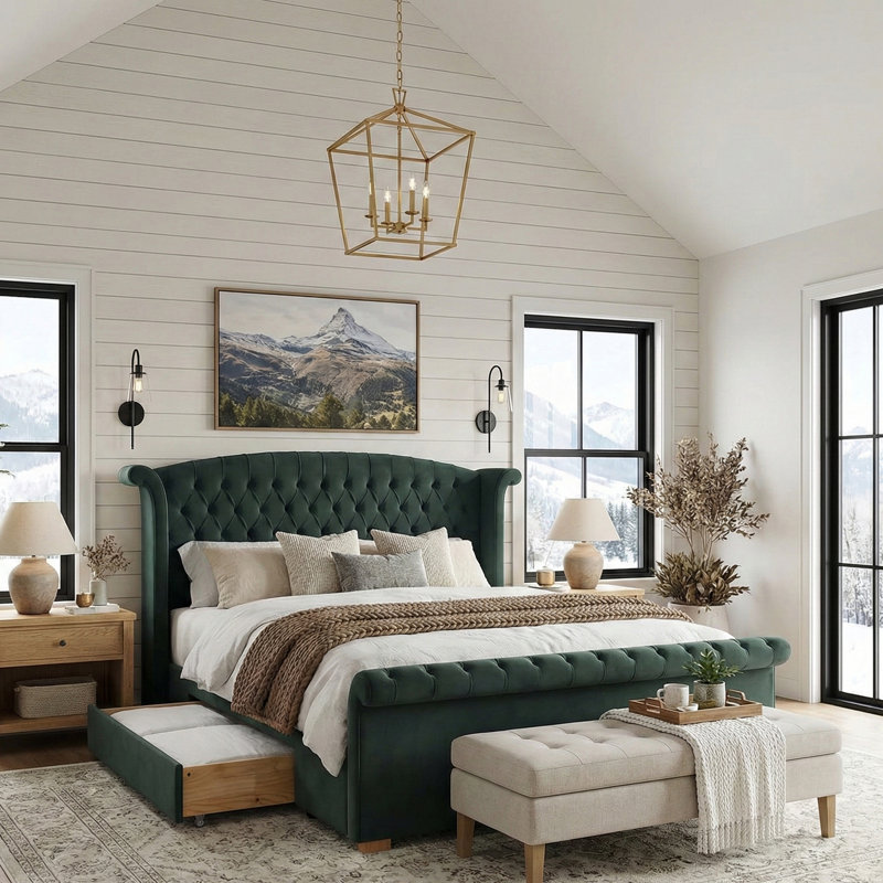 Très grande base de lit de style traîneau à oreilles 52 po avec 2 tiroirs, pas de sommier, vert, Très grand, Vert