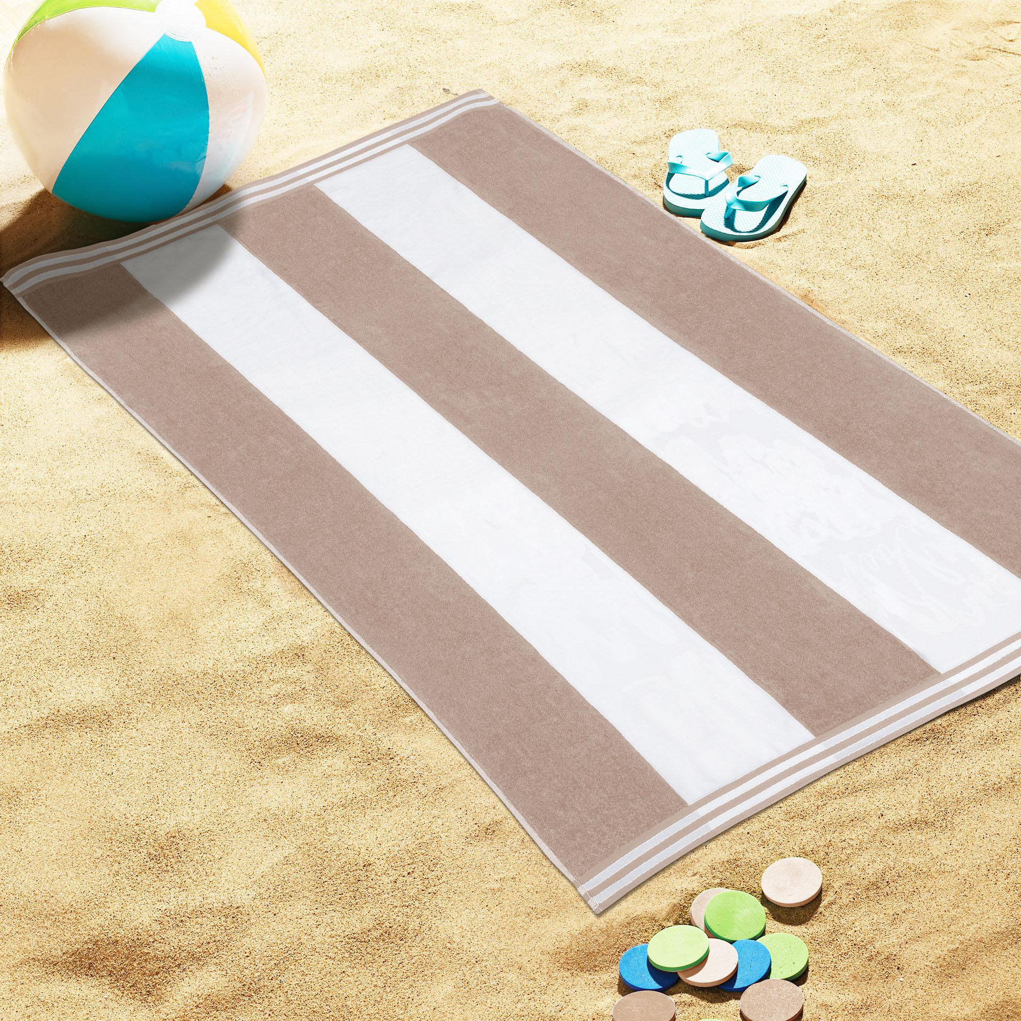 Calheta Cotton Oversized Cabana Stripe Beach Towels, 1, Taupe