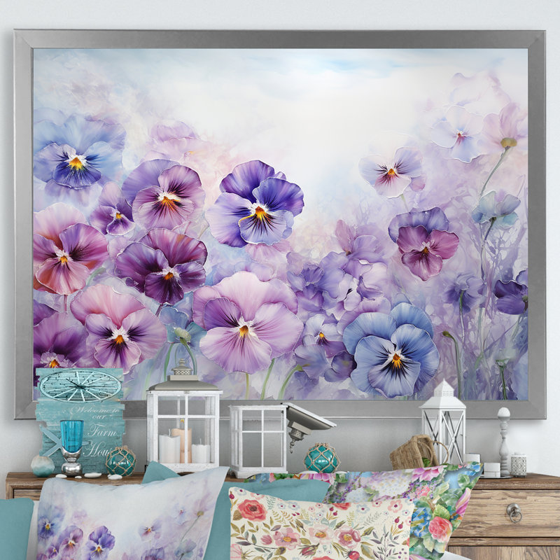 Pensées mauves en fleurs - impression, Cadre simple argenté, H 24 po x l 32 po x P 1 po