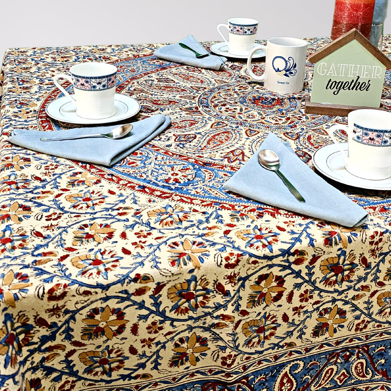 Block Print Paisley Floral Tablecloth Collection, 60" L x 60" W