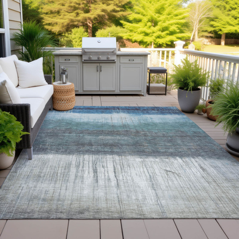 Tapis bleu intérieur / extérieur lavable à la machine Xhevrie, Rectangle 10 pi x 14 pi