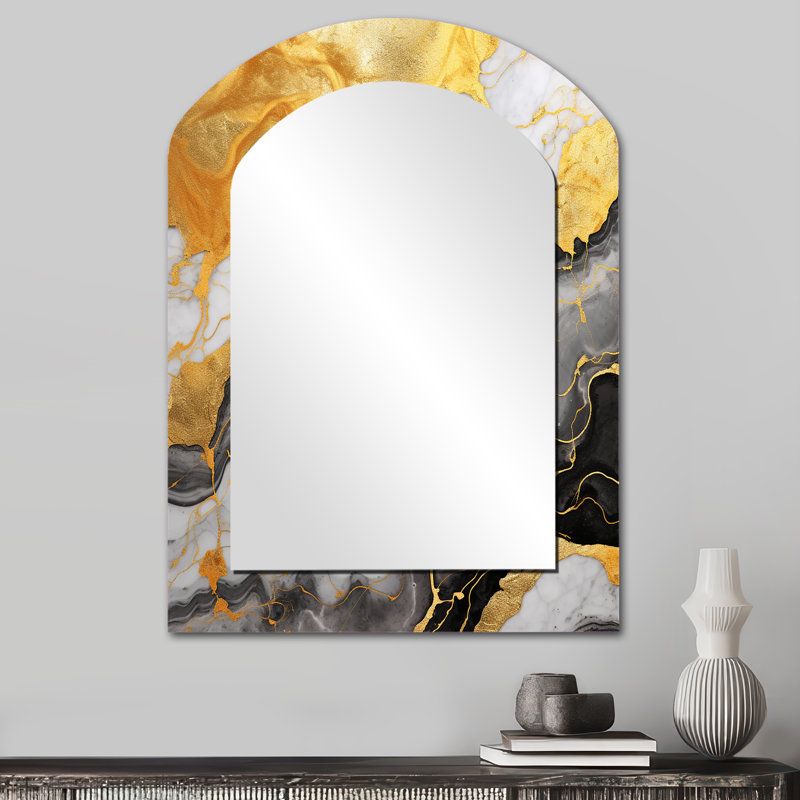 Gold And Grey Abstract Marble Mirage II - Marble Arch Wall Mirror, Modern Asymmetrical Decorative Mirror, Printed Metal Art