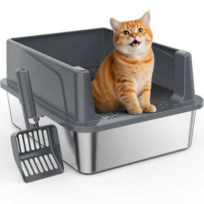 Stainless Steel Cat Litter Box with Lid, Non-Stick, Leak-Proof Design, Easy to Clean, Includes Scoop - 17.4" x 13.4" x 8.4" - Gray