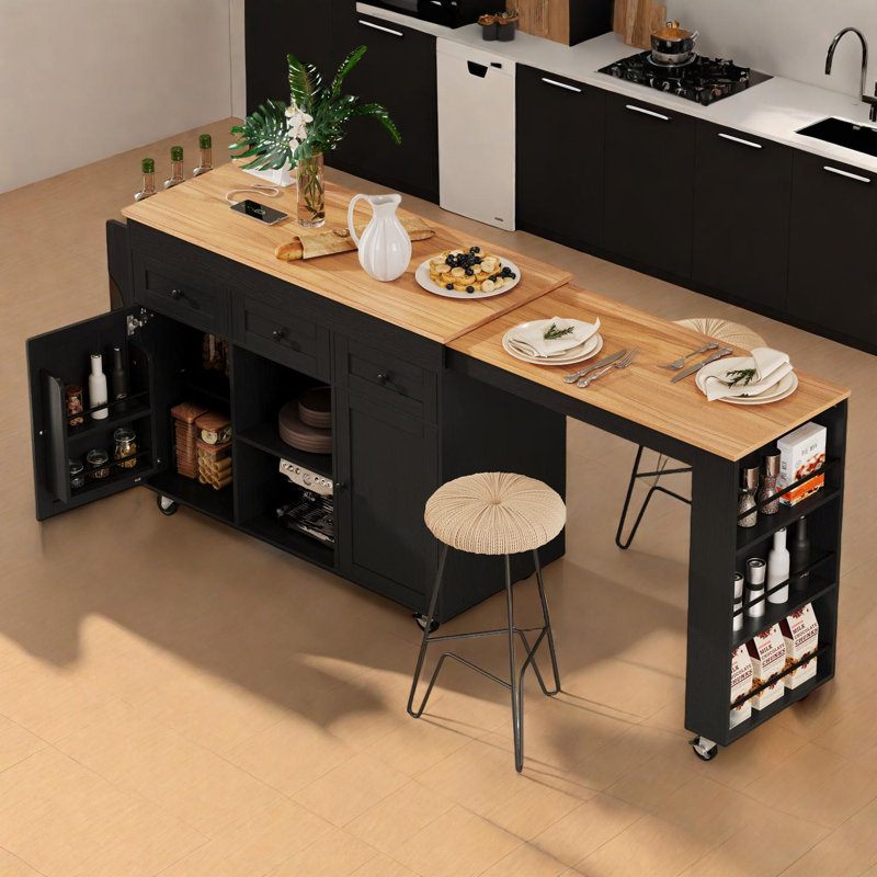 85.5" Kitchen Island with Expandable Dining Table and Storage Features, Black