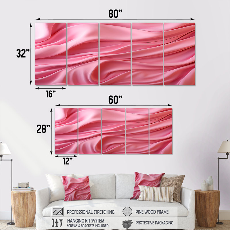 «Pink Waltz Whirl I» - ensemble d'art mural géométrique abstrait 5 pièces, H 28 po x l 60 po