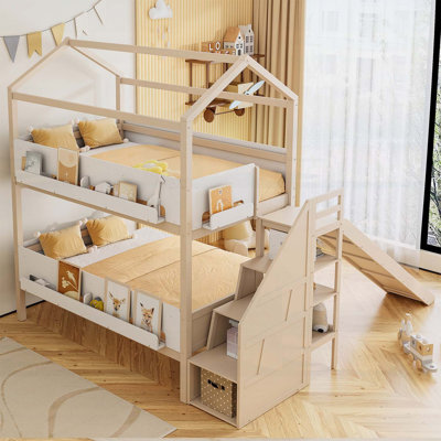 Lit superposé en bois en forme de maison avec glissade et escalier de rangement, cadre de lit simple / simple / double pour enfants, beige et blanc
