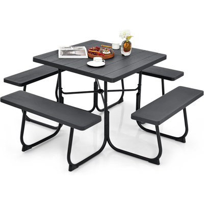 Table de pique-nique pour 8 personnes, table de pique-nique carrée extérieure avec 4 bancs intégrés, trou de parasol, structure en métal et plateau de table en PEHD, ensemble de table et banc d'extérieur pour le jardin, la cour, le porche, le patio 