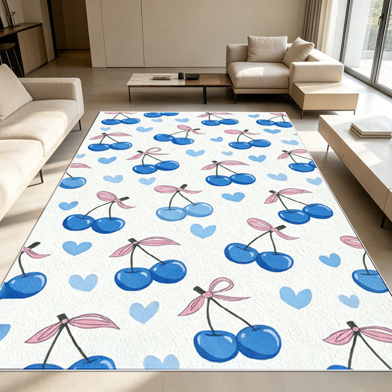 1PC Blue Cherry & Heart Print area rugs for Living Room, Soft and Comfortable, Suitable for all seasons, easy-to-maintain, machine washable Indoor floor mat, Under Table Farmhouse suitable for Dining Table, Bedroom, Kitchen, Entryway, Patio, Home