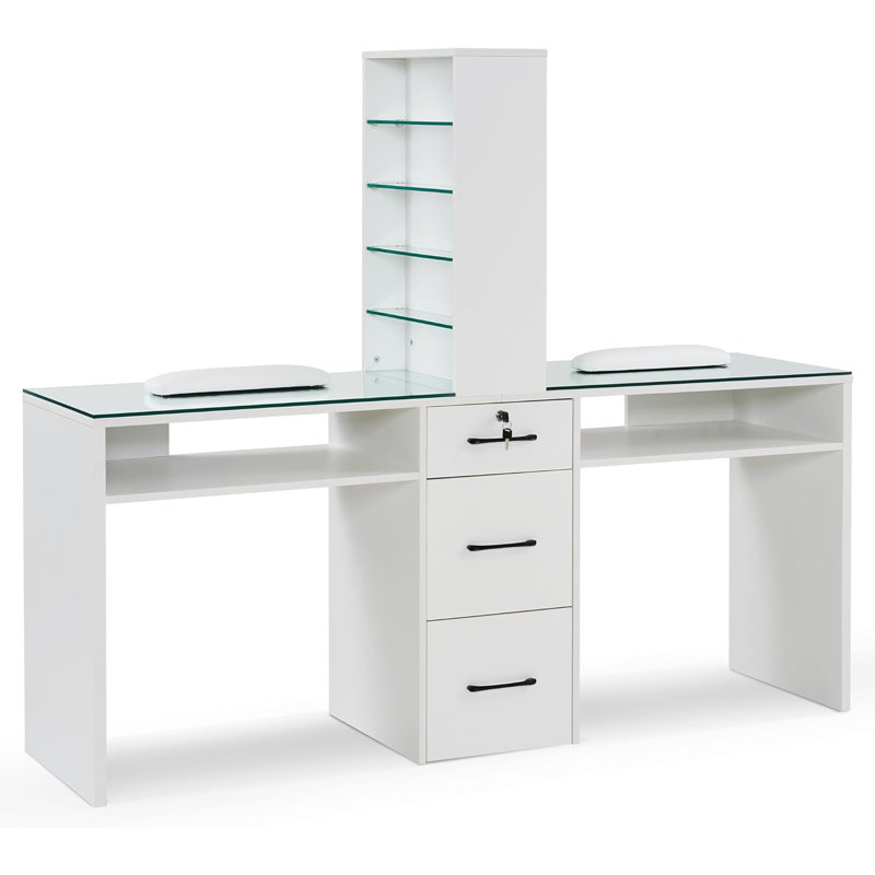  71.7'' Wide Double Position Nail Desk with Glass Top, Locking Drawer and Storage Shelf, White