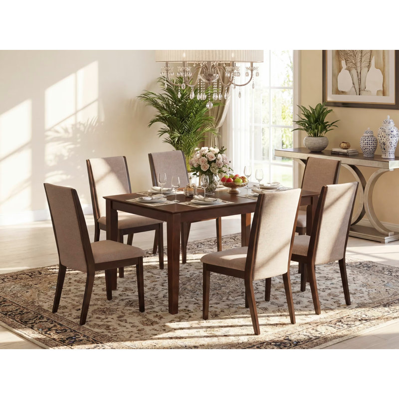 7 Piece Dining Table Set Consist of a Rectangle Dining Room Table and 6 Light Tan Linen Fabric Upholstered Chairs, Mahogany