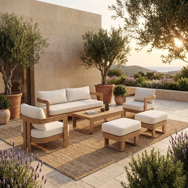 Assembly Free Sofa, Quick Assembly Coffee Table,Outdoor Aluminum Sofa Set, 6 Person Outdoor Seating Sofa, Wood Grain Veneer Sofa Set for Patio