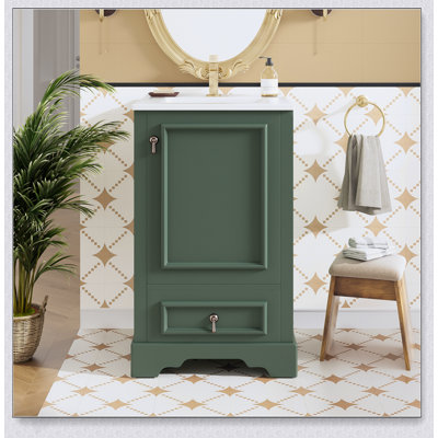 Meuble-lavabo moderne de 20 pouces avec lavabo en céramique, porte à fermeture en douceur, tablette ajustable en forme de U et rangement généreux, conception peu encombrante