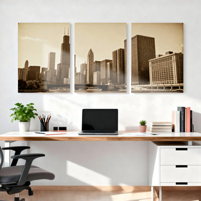 Chicago Skyline Sepia Tone Cityscape Canvas Wrapped Wall Art Set of 3